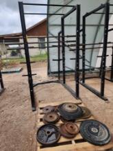 Commercial Gym Squat Rack, (3) Weightlifting Barbells, Group of Weights