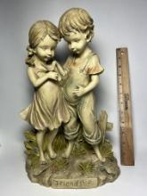 "Friendship" Molded Resin Girl & Boy with Bird Garden Statue