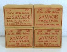 4 Vintage Full Boxes of 100 Savage .227" .22 Cal. Sisk Bullets for Reloading - 1 Box 55 gr. SP, 1