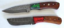 2 Damascus Steel Fixed Blade Knives with Leather Sheaths, 1 8" Overall, 1 8 1/2" Overall - Hand made