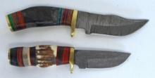2 Damascus Steel Fixed Blade Knives with Leather Sheaths, 1 6 3/4" Overall, 1 8" Overall -...Hand ma