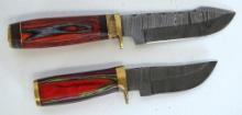 2 Damascus Steel Fixed Blade Knives with Leather Sheaths, 1 9 1/4" Overall, 1 7 1/4" Overall -...Han