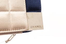 Chanel Beige Blue Satin Chocolate Bar Chain Shoulder Bag