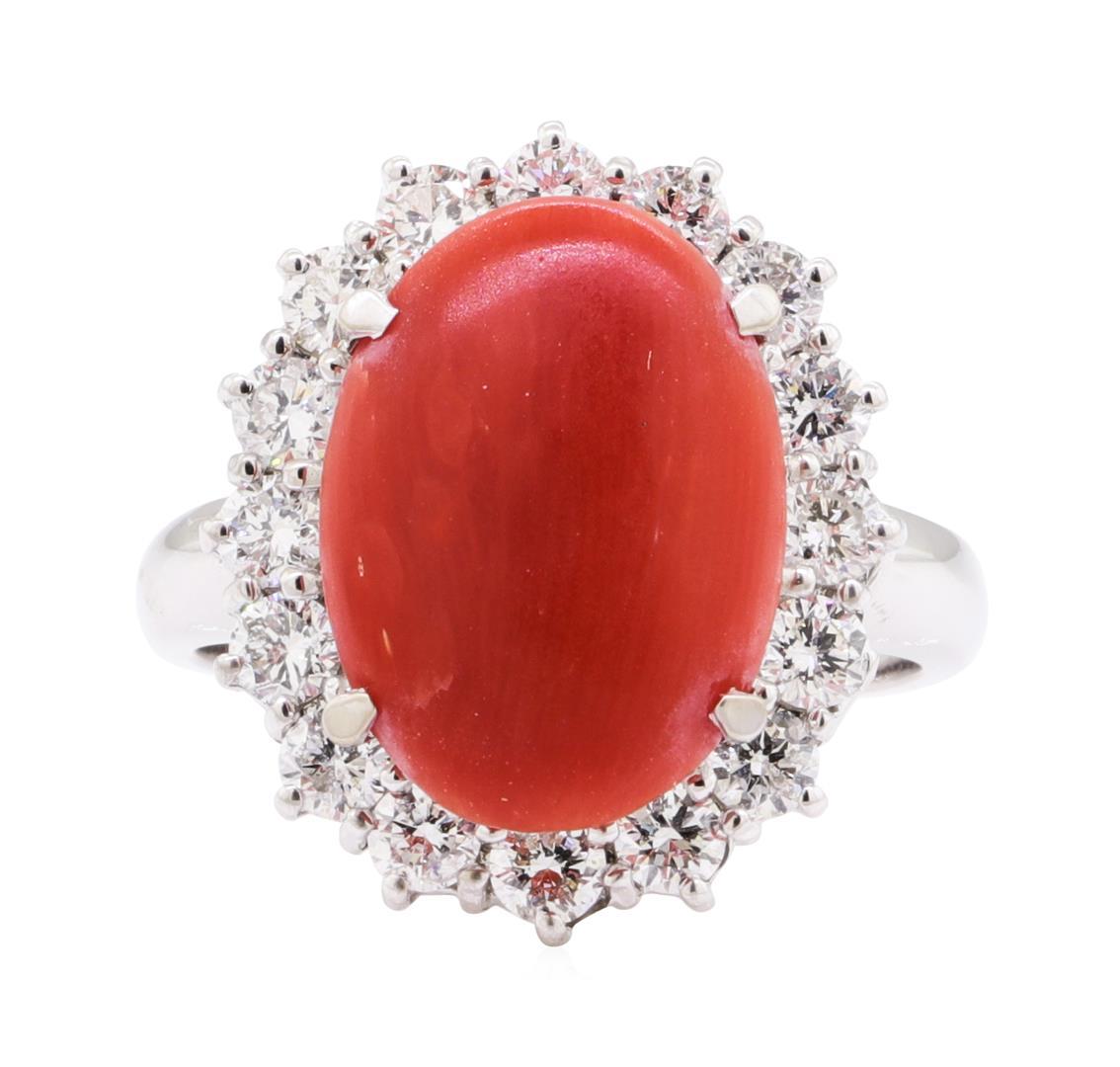 5.10 ctw Red Coral and Diamond Ring - 14KT White Gold