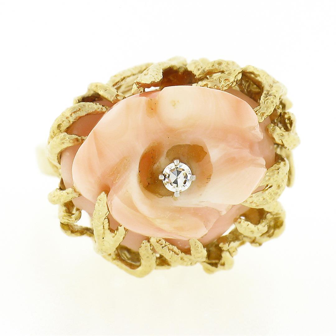 Vintage 14k Gold Rose Carved Coral High Relief Diamond Center Open Freeform Ring